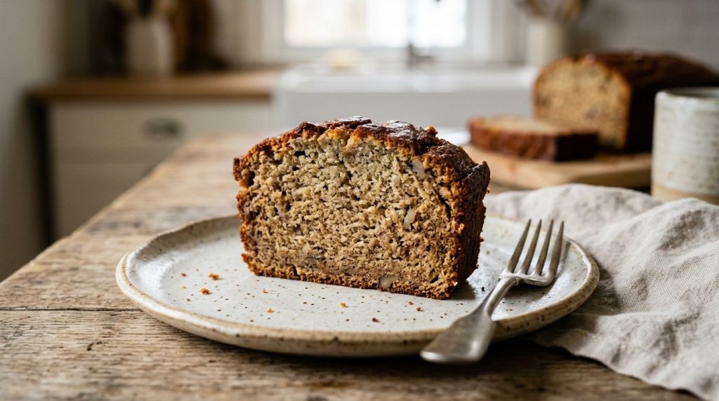 A slice of moist banana bread on a plate with a fork ready to be eaten
