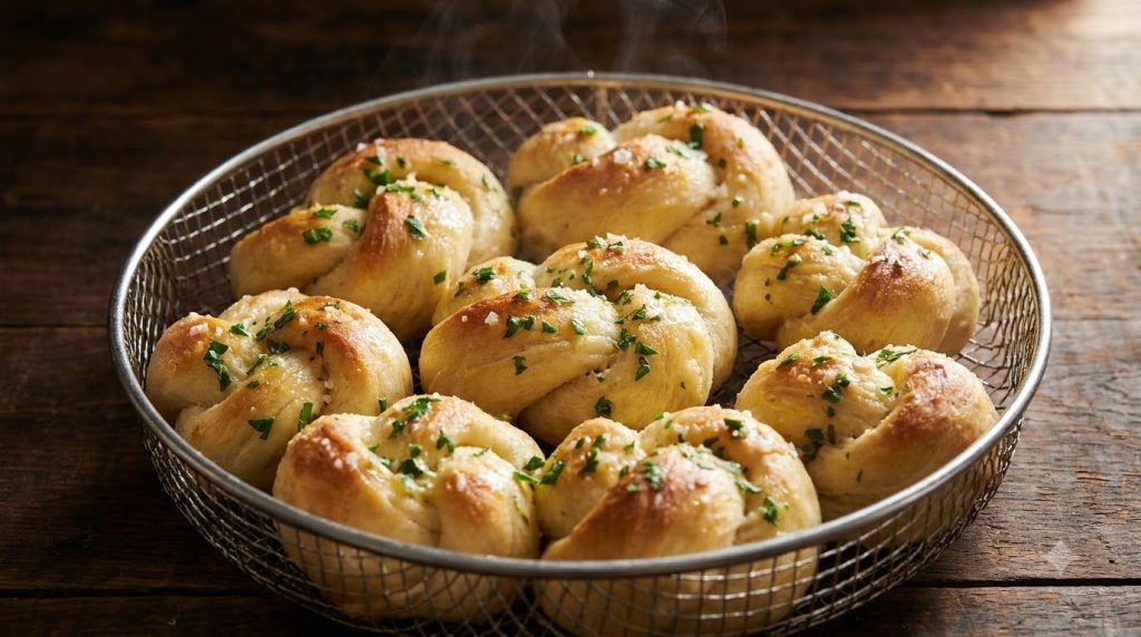 Small golden brown garlic herb knots arranged in an air fryer basket garnished with fresh parsley