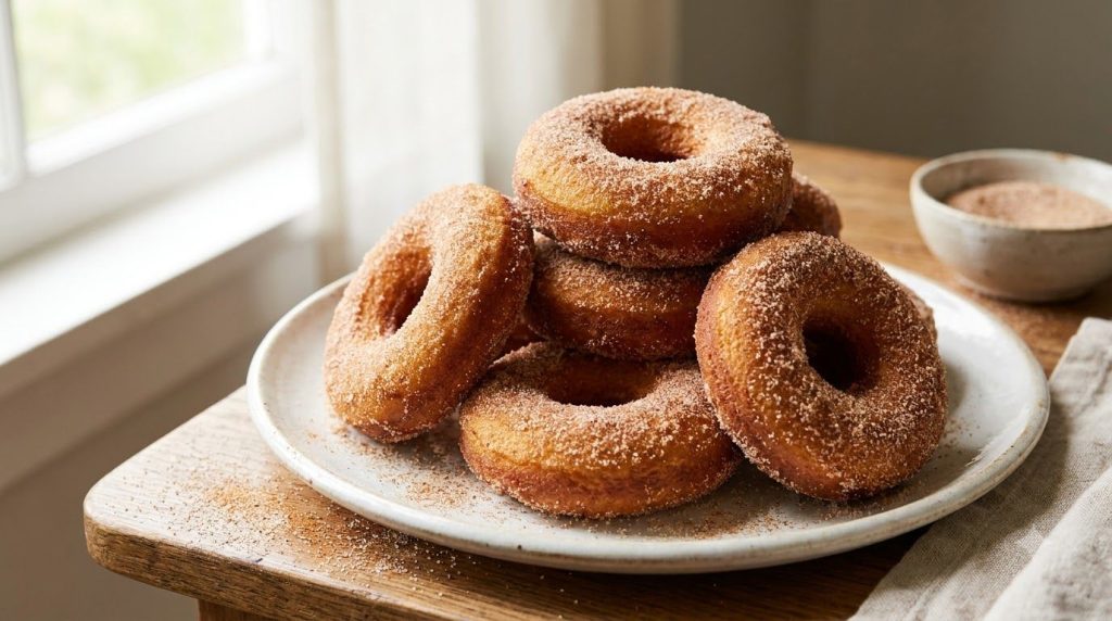 Fluffy golden brown air fryer doughnuts coated in cinnamon sugar stacked on a plate with a dusting of extra cinnamon sug