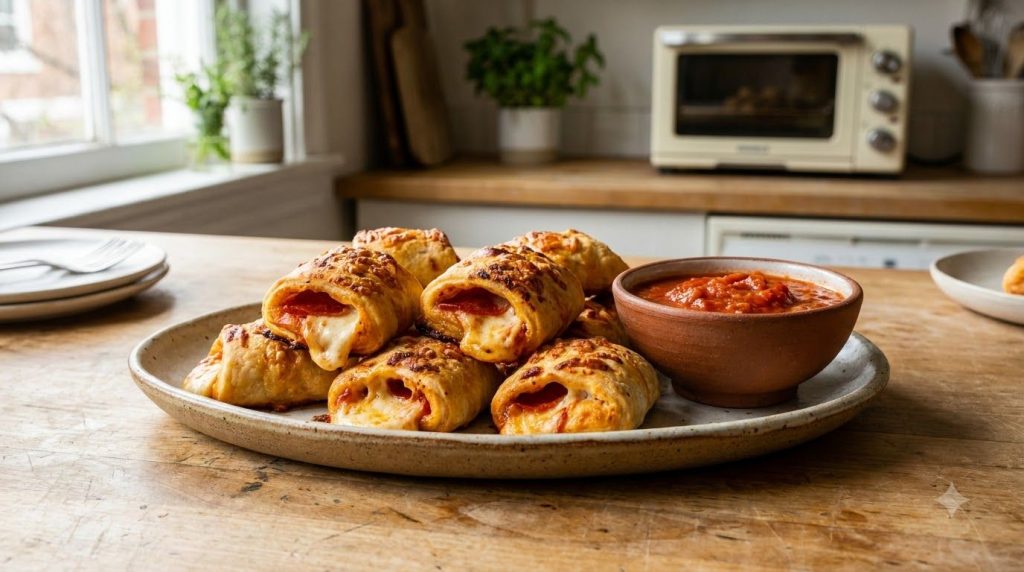 Crispy golden air fryer pizza rolls with melted cheese and pepperoni visible served with marinara sauce for dipping