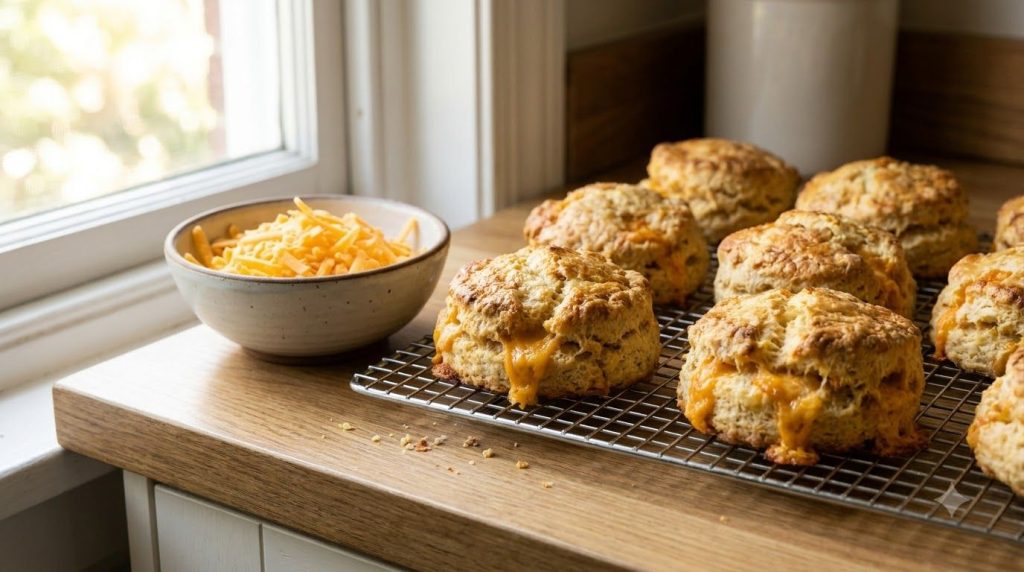 Golden brown air fryer cheese scones lightly dusted with flour on a cooling rack with some grated cheese nearby