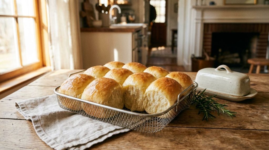 Soft golden brown no-knead dinner rolls arranged neatly in an air fryer basket with a slight sheen from butter