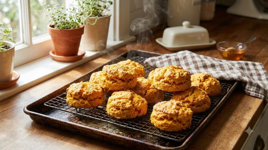 Fluffy slightly orange-tinted air fryer sweet potato biscuits on a cooling rack with a hint of steam