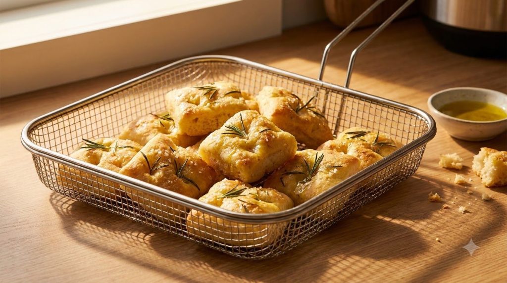 Small airy focaccia bites with olive oil and fresh rosemary golden and slightly crisp arranged in an air fryer basket