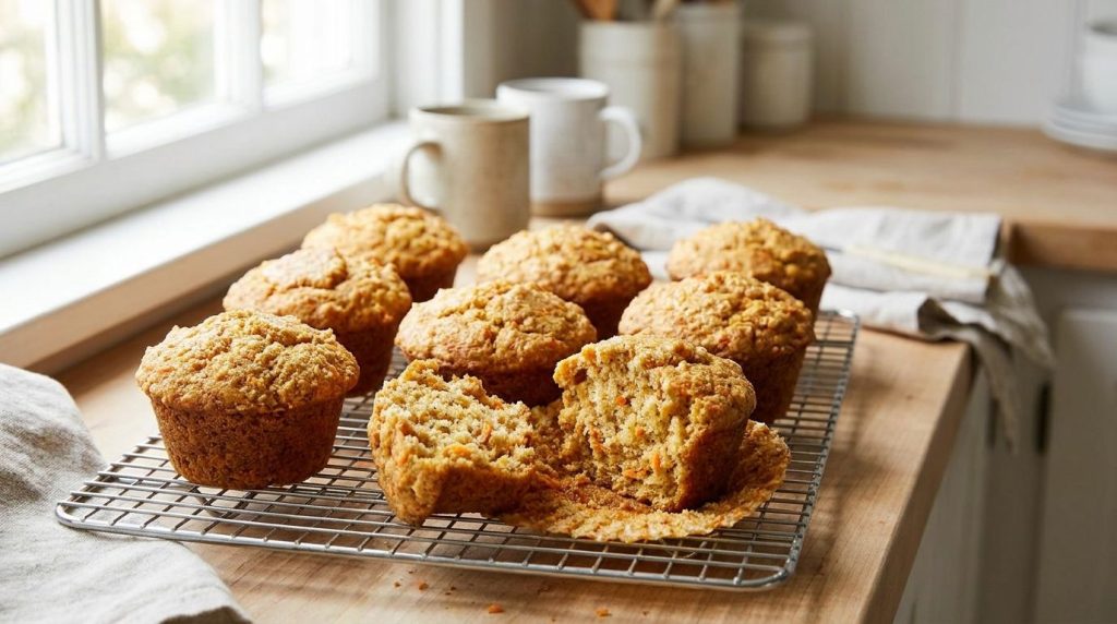 Fluffy golden-brown cornmeal carrot muffins studded with visible grated carrots arranged on a cooling rack A few muffins