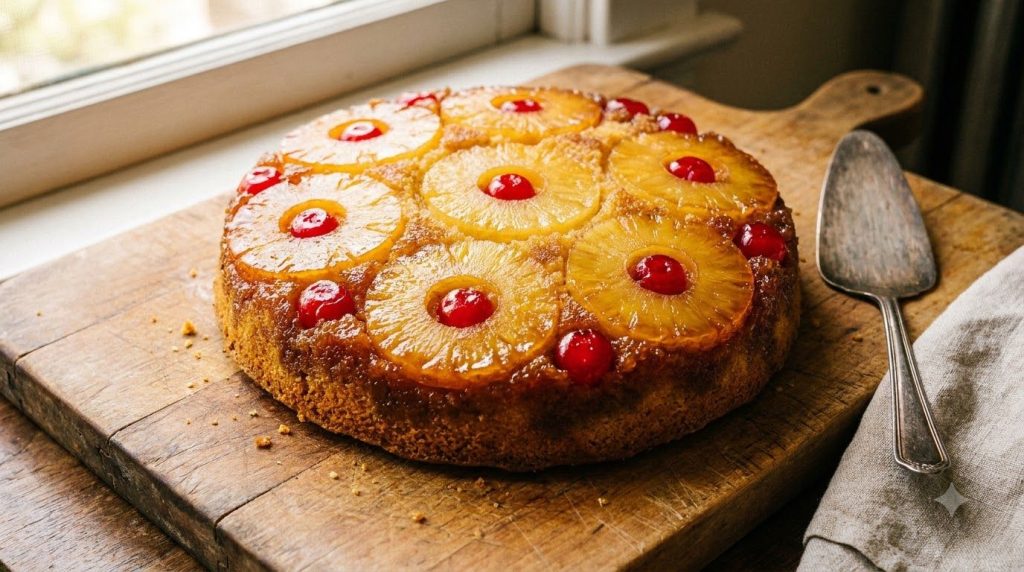 A beautiful pineapple cornmeal upside-down cake golden brown with caramelized pineapple rings and cherries visible on to