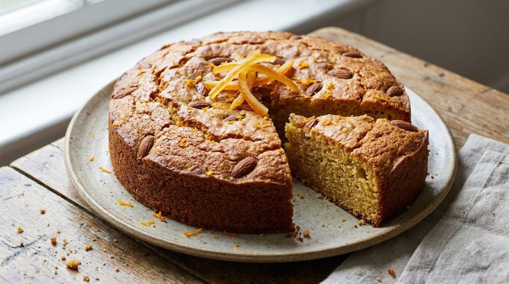 A rustic golden-brown orange and almond cornmeal cake sliced with a natural texture and garnished with candied orange pe