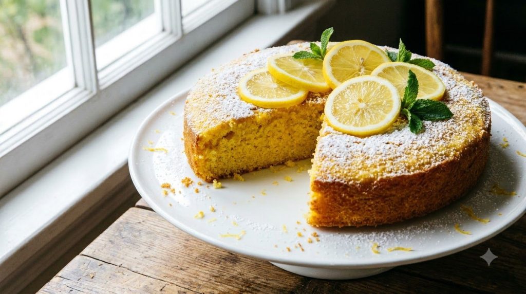 A bright yellow lemon cornmeal cake dusted with powdered sugar garnished with fresh lemon slices and mint leaves on a li