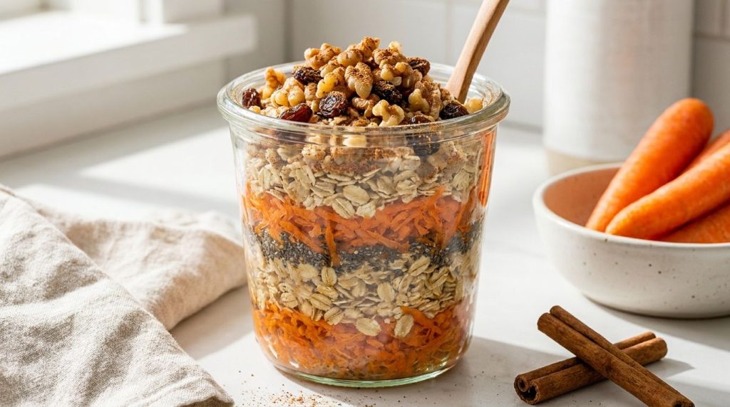 A jar of layered carrot cake overnight oats showing visible grated carrots oats and spices topped with chopped walnuts a