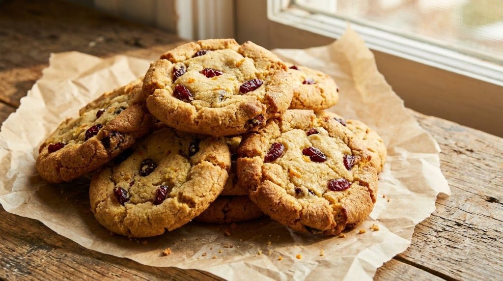 Golden-brown cornmeal cookies slightly crisp around the edges and chewy in the center studded with visible dried cranber