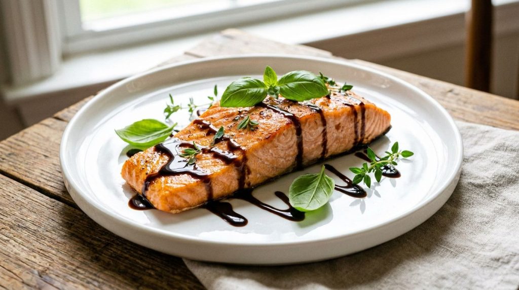 A perfectly baked salmon fillet with a glossy dark balsamic glaze drizzled over it garnished with fresh basil leaves Ser