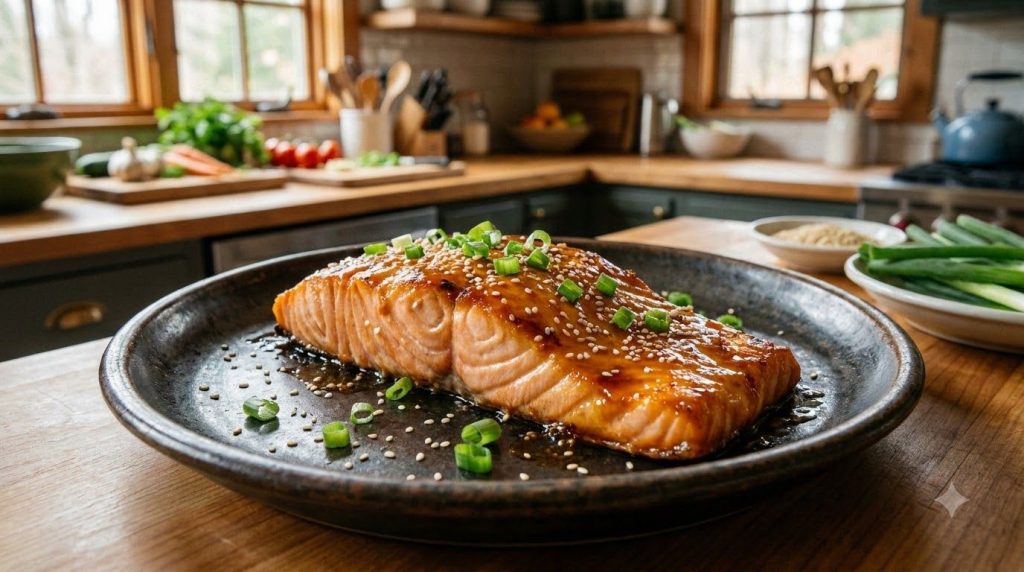 A perfectly cooked flaky salmon fillet coated in a shiny amber miso-maple glaze garnished with sesame seeds and chopped 