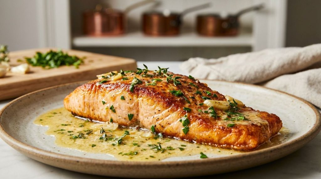 A close-up of a pan-seared salmon fillet drizzled with a rich golden garlic butter-herb sauce with visible specks of fre
