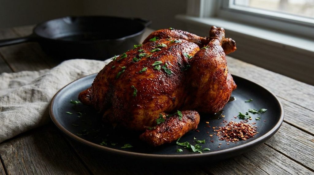 A vibrant paprika spiced roasted chicken rich reddish-brown served on a dark plate with a sprinkle of fresh parsley and 