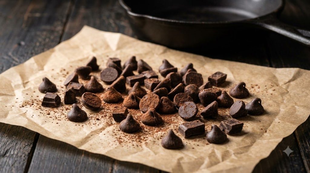 A close-up of homemade dark chocolate chips irregularly shaped and glossy arranged on a parchment paper