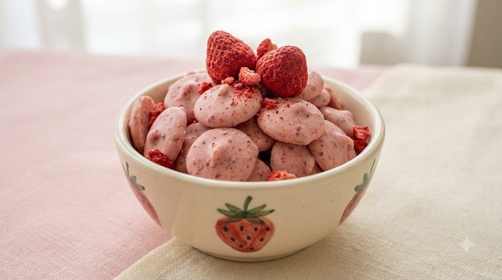 A bowl of homemade pink strawberry white chocolate chips mixed with a few whole freeze-dried strawberries