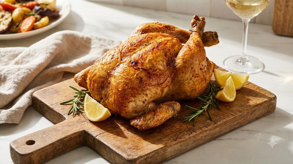 A perfectly roasted whole chicken golden with crispy skin garnished with lemon wedges and fresh rosemary sprigs on a rus