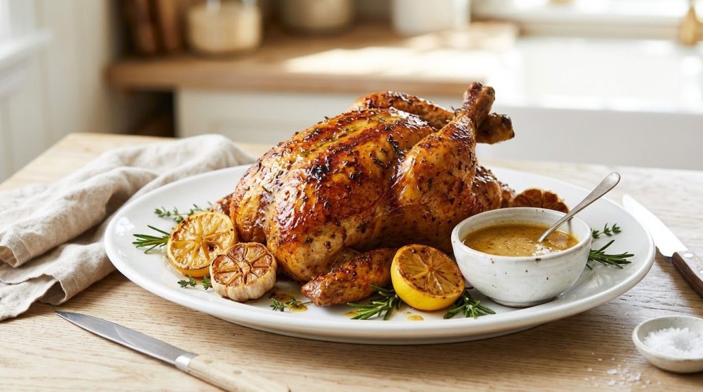 A glistening honey mustard roasted chicken golden brown with a slight glaze served on a white platter with a bowl of hon