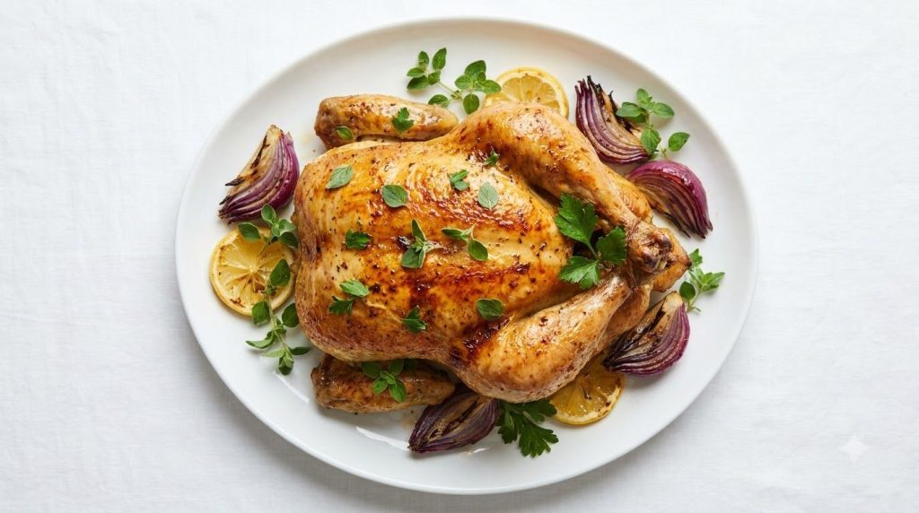 A succulent Mediterranean herb roasted chicken garnished with fresh oregano parsley red onion wedges and lemon slices se