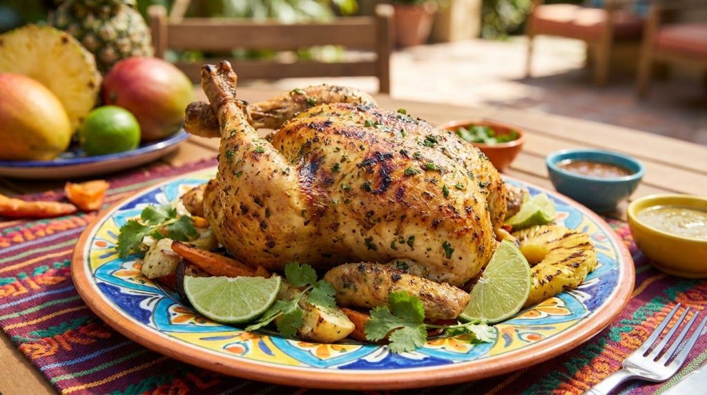A vibrant Caribbean lime spiced roasted chicken golden brown with a hint of green from herbs garnished with lime wedges 