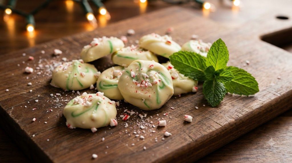 Homemade white chocolate chips with a hint of green or red infused with peppermint scattered on a festive background