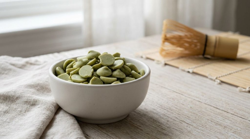 Homemade pale green matcha white chocolate chips in a small white bowl with a matcha whisk nearby