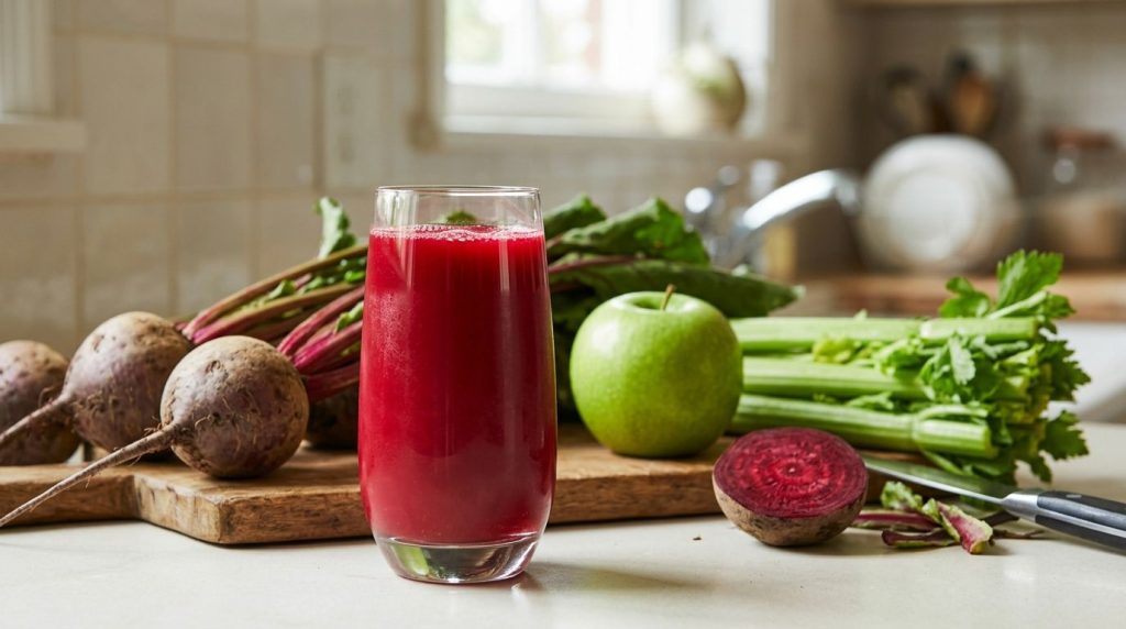 A deep crimson-red juice in a glass with fresh beets green apple and celery in the background The juice looks invigorati