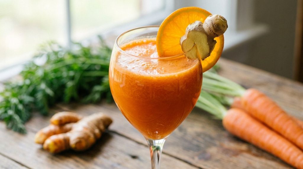 A vibrant orange juice in a clear glass garnished with a small slice of orange and a piece of fresh ginger The backgroun
