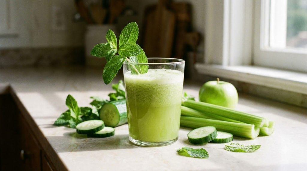 A light green juice in a glass with fresh cucumber celery green apple and mint leaves as garnish and in the background T