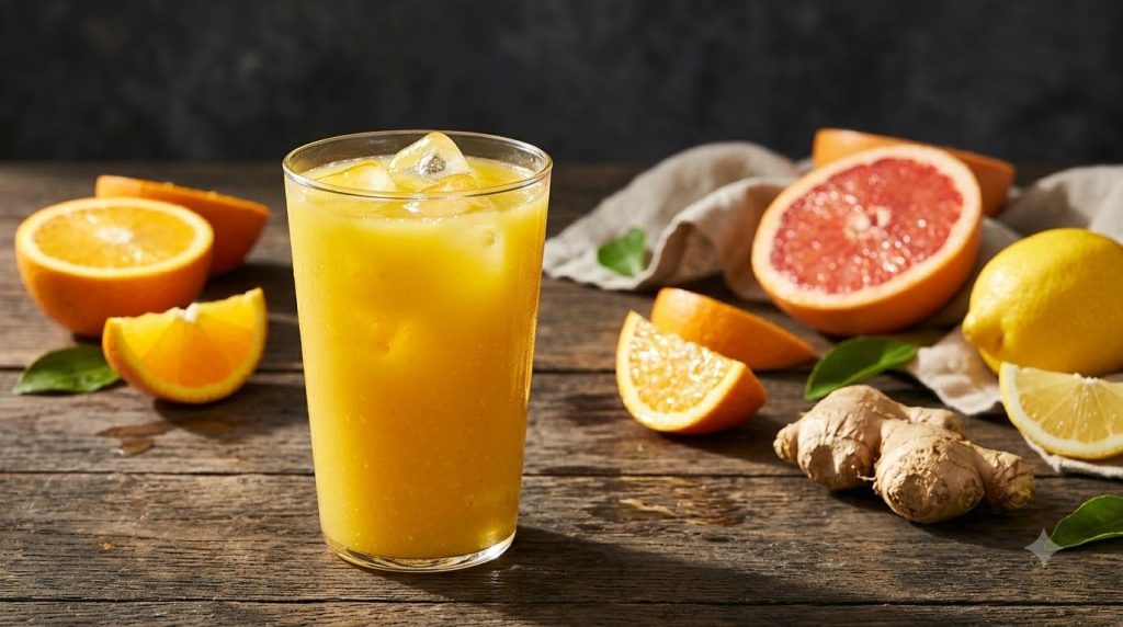 A bright yellow-orange juice in a glass with fresh oranges grapefruit lemon and a piece of ginger in the background The 