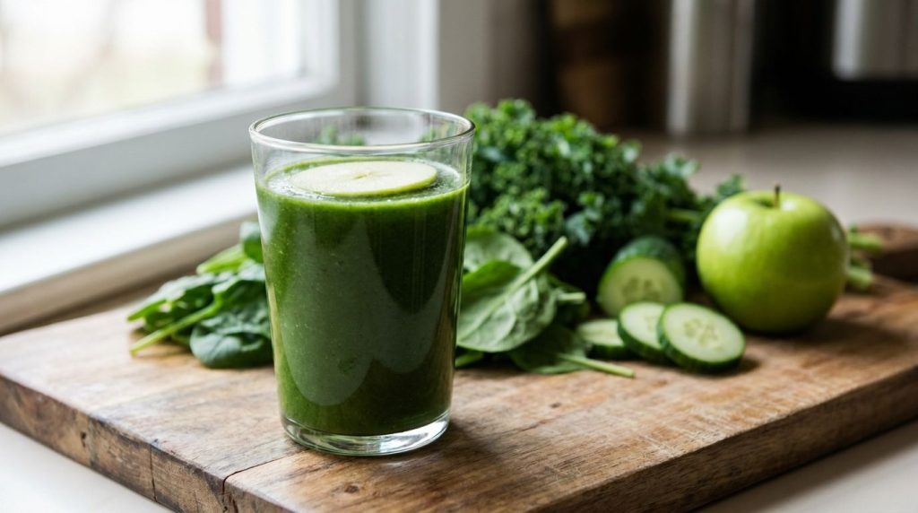 A deep green juice in a glass with fresh kale spinach cucumber and green apple in the background emphasizing the healthf