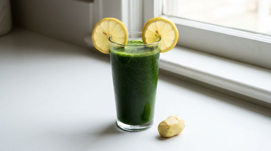 A glass of dark green juice made with spinach and kale garnished with a lemon slice and a small piece of ginger Natural