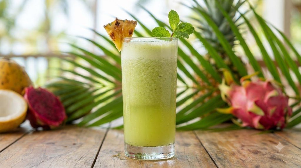 A refreshing green juice in a tall glass garnished with a small pineapple wedge and a mint sprig The juice is a lighter