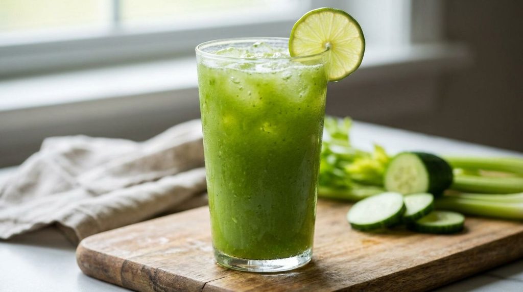 A tall glass of vibrant green juice with a slice of lime on the rim and a few cucumber and celery sticks visible in the