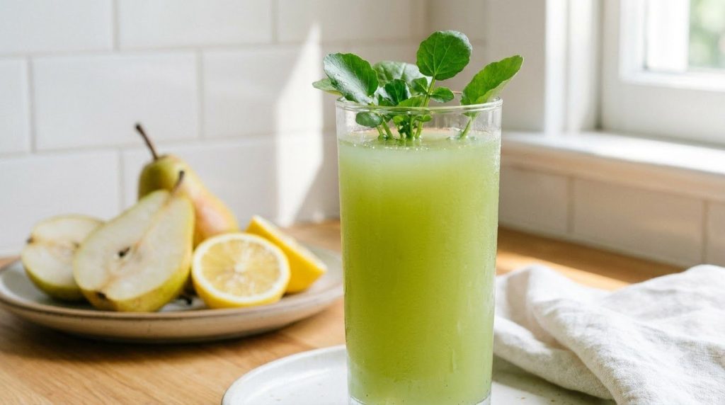 A tall glass of light green juice featuring watercress leaves as a garnish A sliced pear and lemon are visible in a soft