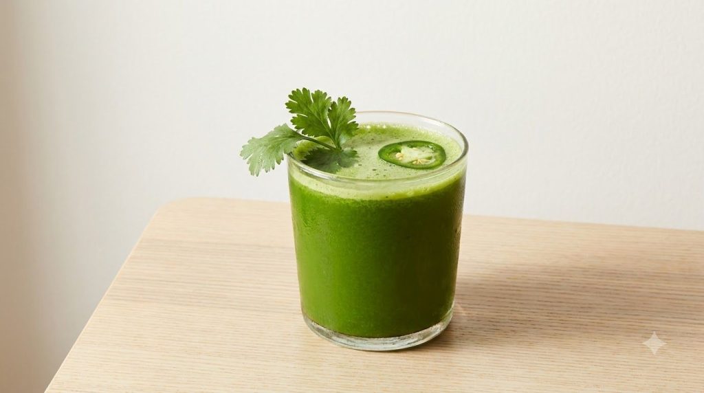 A vibrant green juice with a slight hint of spiciness served in a rustic glass A sprig of cilantro and a thin slice of j