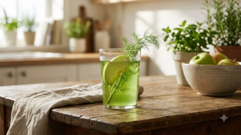 A glass of clear green juice with visible ingredients like a slice of green apple and a sprig of fennel frond The settin