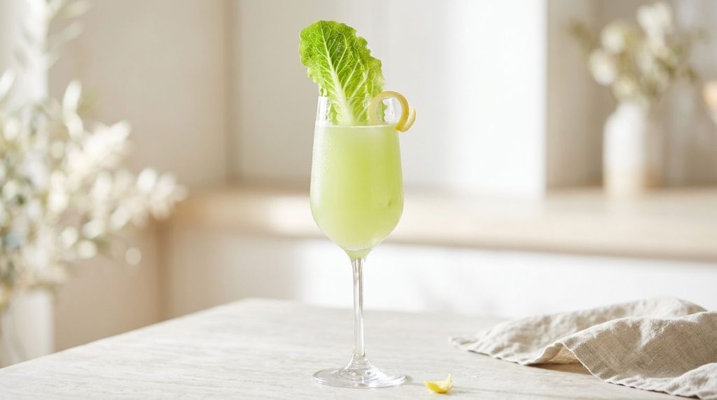 A tall elegant glass of very light green juice garnished with a crisp romaine lettuce leaf and a lemon twist The backgro