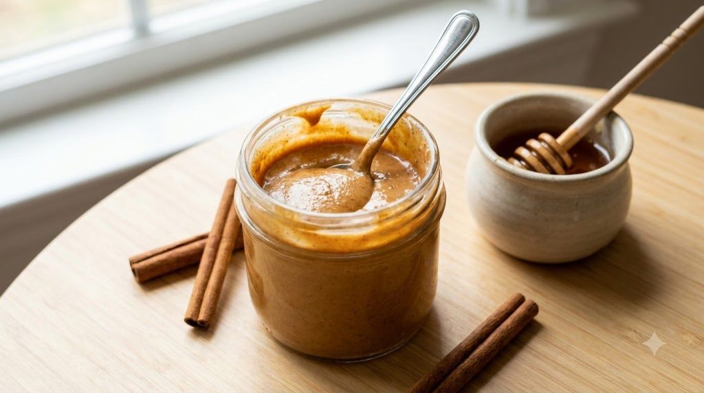 A jar of honey-cinnamon peanut butter with a spoon cinnamon sticks and a drizzle of honey nearby