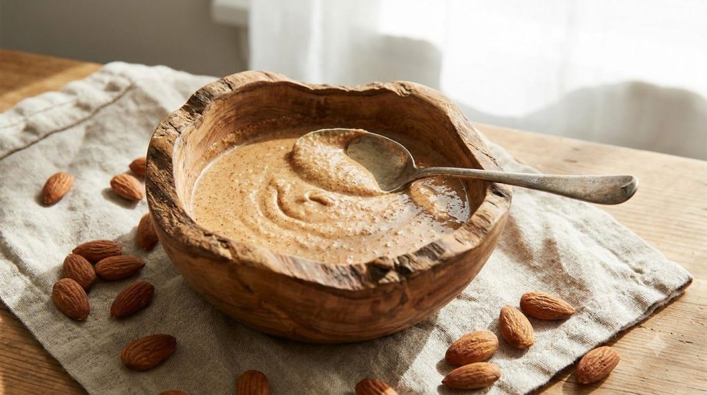 A bowl of smooth almond butter with roasted almonds next to it and a spoon
