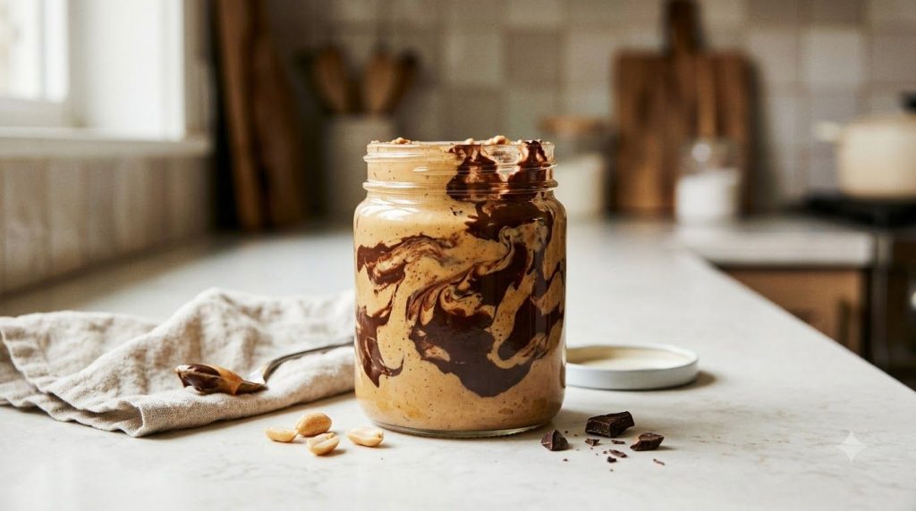 A jar of peanut butter with dark chocolate swirled through it on a contrasting background