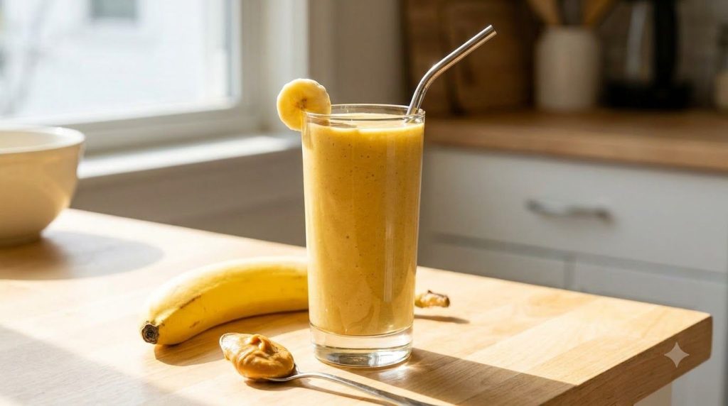 A tall glass of creamy peanut butter smoothie with a banana and a scoop of peanut butter in the background