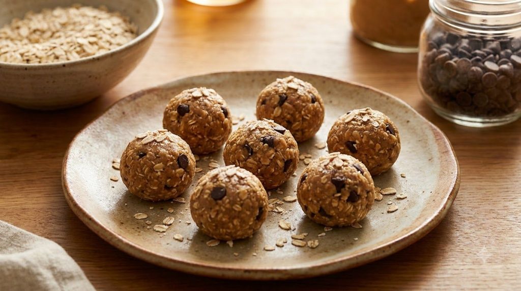 Small round no-bake peanut butter energy bites arranged on a plate with oats and chocolate chips in the background