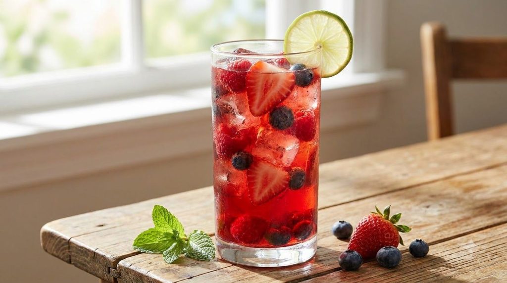 A tall glass of vibrant red hibiscus iced tea filled with ice fresh mixed berries strawberries blueberries raspberries a