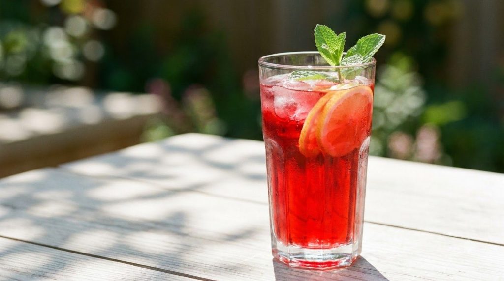 A clear glass of bright red hibiscus tea with lemon slices floating garnished with fresh mint on a light background