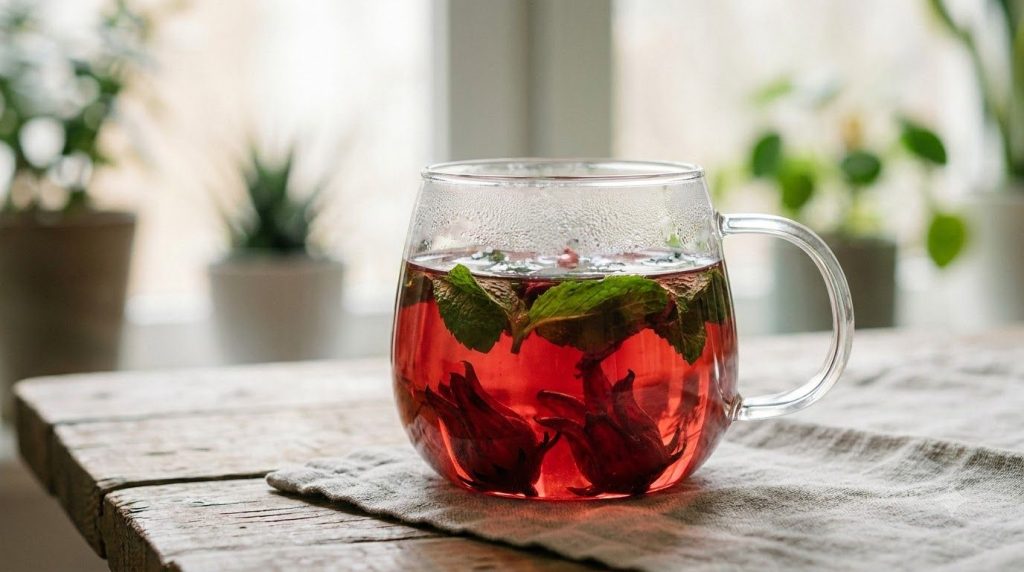 A delicate glass cup of hibiscus mint tea with fresh mint leaves and hibiscus petals visible against a serene light back