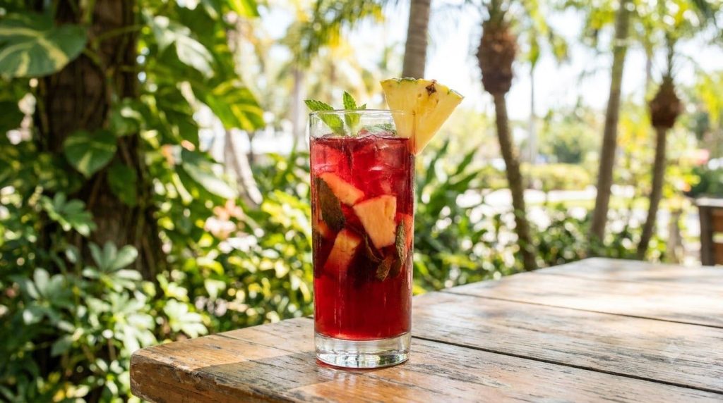 A tall clear glass of vibrant hibiscus tea with pineapple chunks and a wedge of pineapple on the rim in a tropical setti
