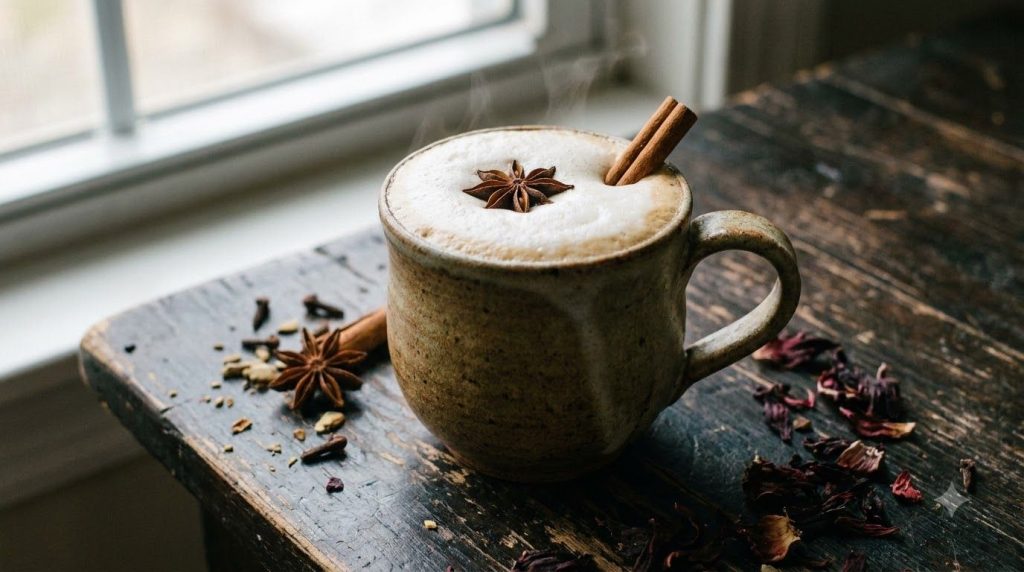 A rustic mug of creamy spiced hibiscus chai tea garnished with a star anise and cinnamon stick on a wooden table