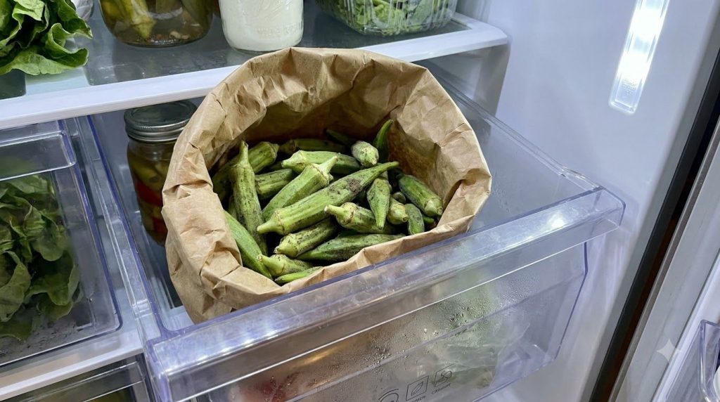 A paper bag filled with fresh vibrant green okra pods placed inside a refrigerator crisper drawer The lighting is cool a