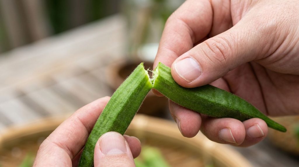 A close-up of a hand gently bending the tip of a vibrant green okra pod The tip is about to snap off cleanly demonstrati